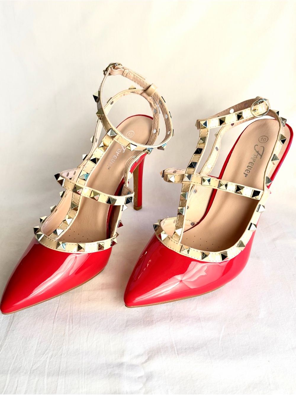 Red Pointed-Toe Studded Strappy High Heels